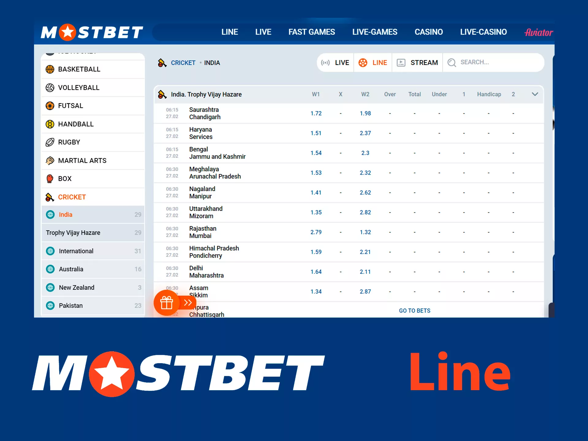 Line betting at Mostbet.