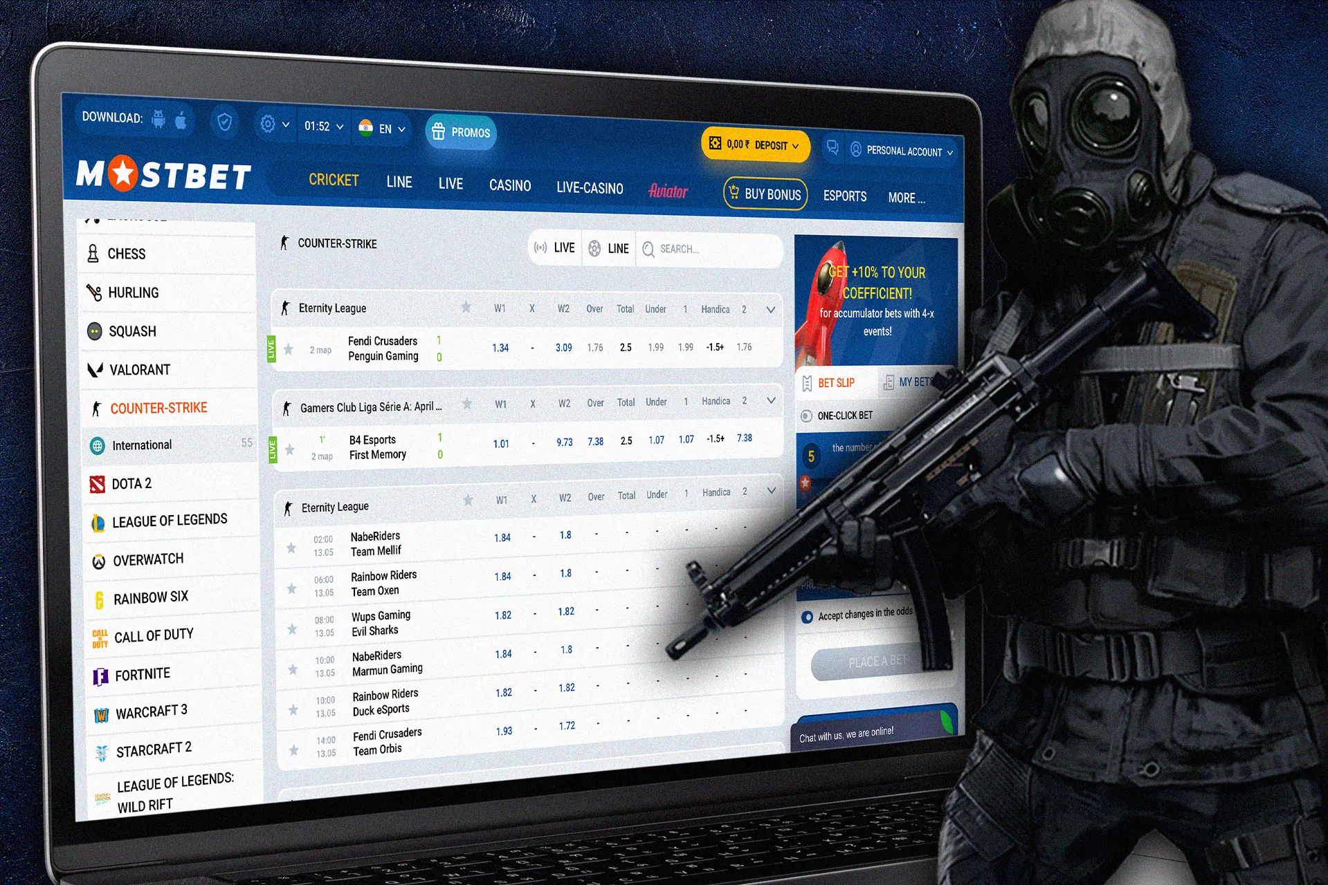 Place bets on CS:GO in the MOstbet sportsbook.