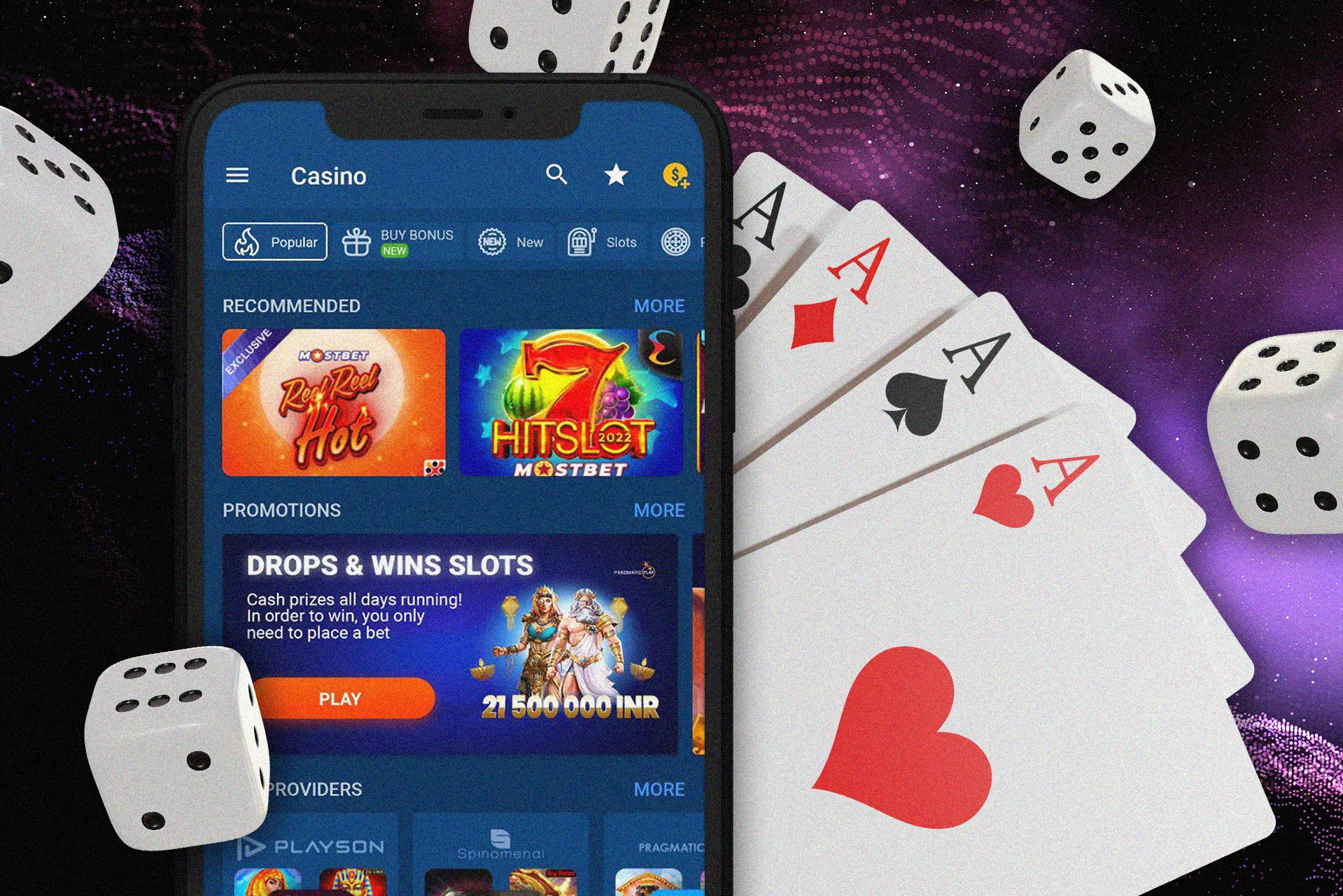 Large selection list of casino games in Mostbet app for Android and iOS.