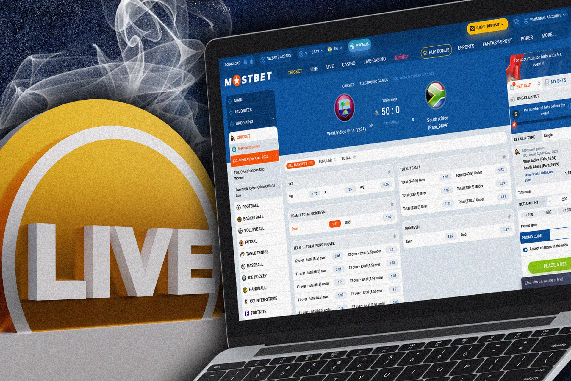 Watch live streamings and place bets at Mostbet.
