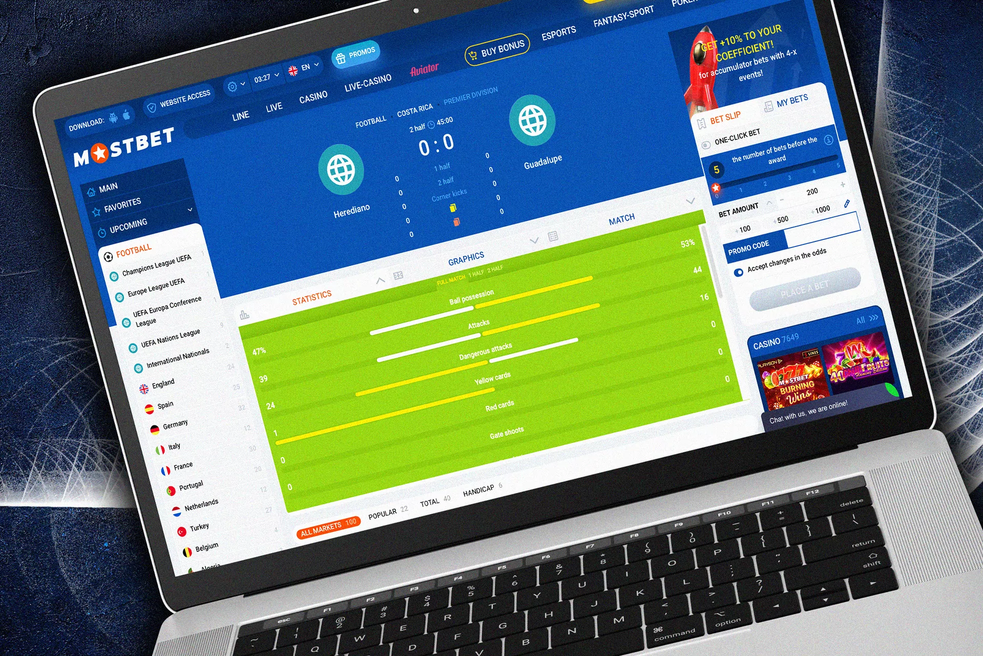 At Mostbet you can watch your results and statistics of your games.