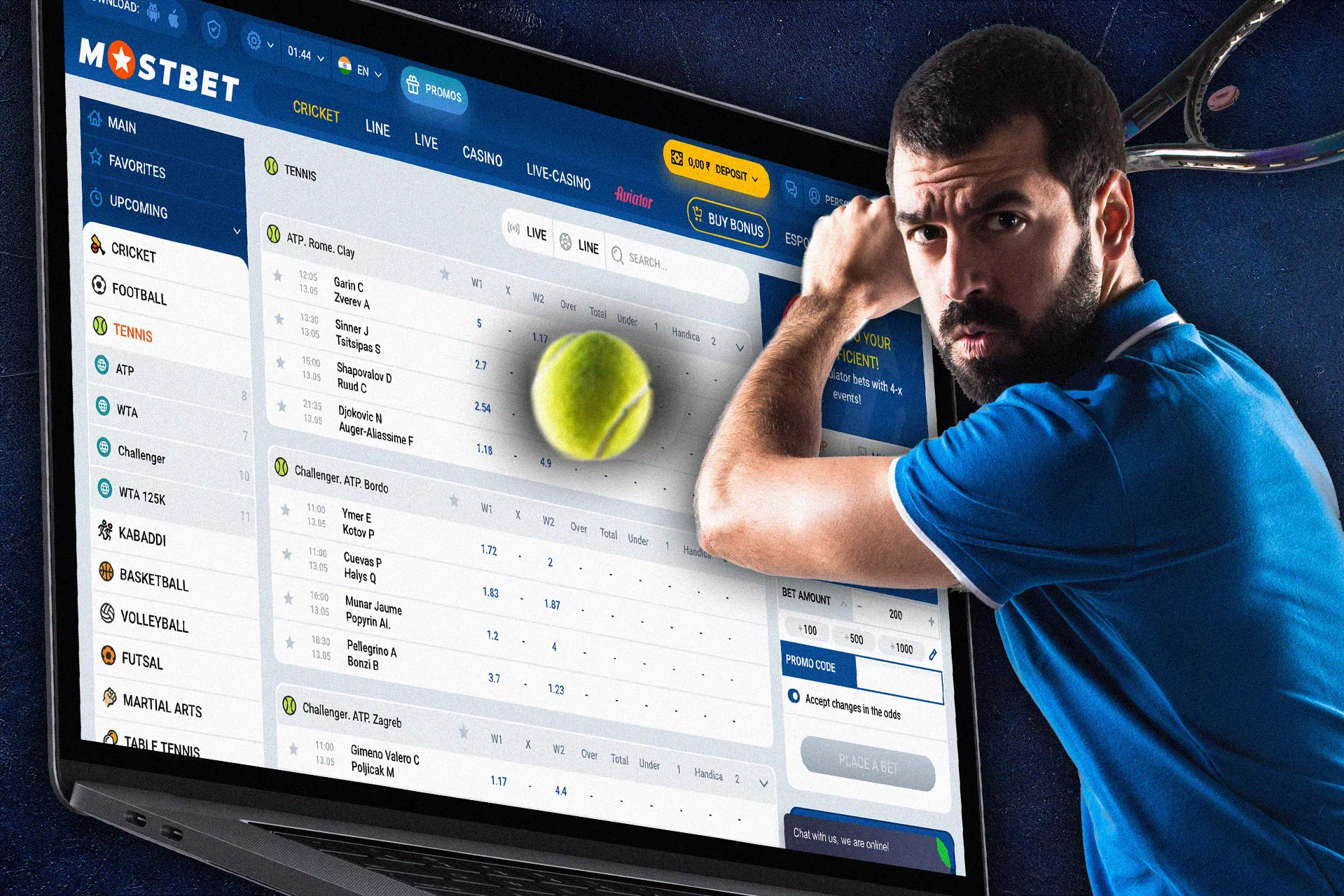 Mostbet offers different markets on tennis betting.