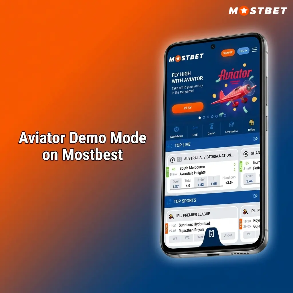 Aviator demo mode on Mostbet showing virtual gameplay with multiplier chart and bet panel for risk-free practice