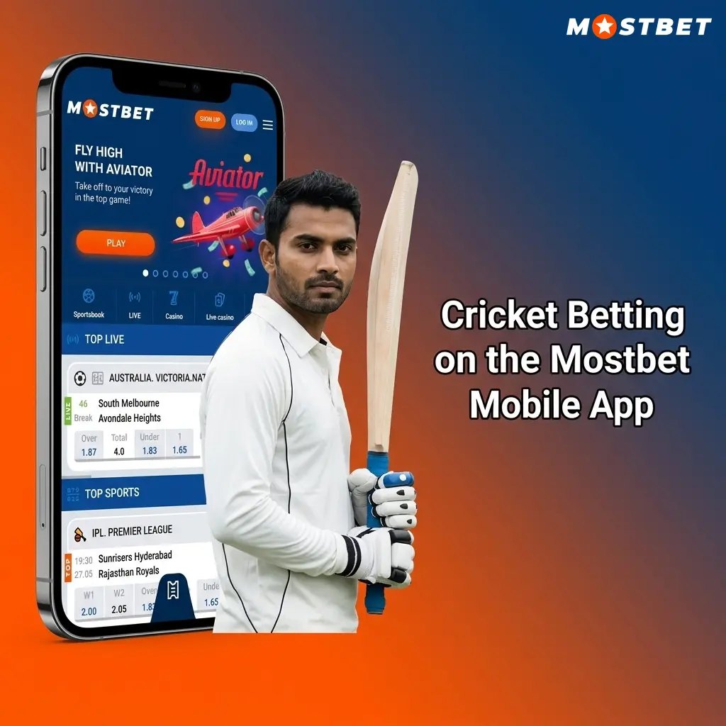 Mostbet mobile app interface showing cricket betting markets with live odds and in-play options for Android and iOS users