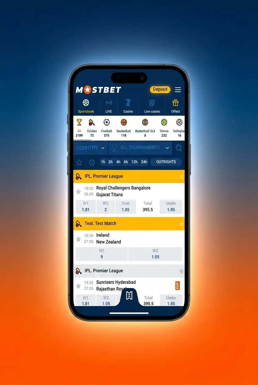 Mostbet sportsbook interface showing steps to place a tennis bet with pre-match and live betting options