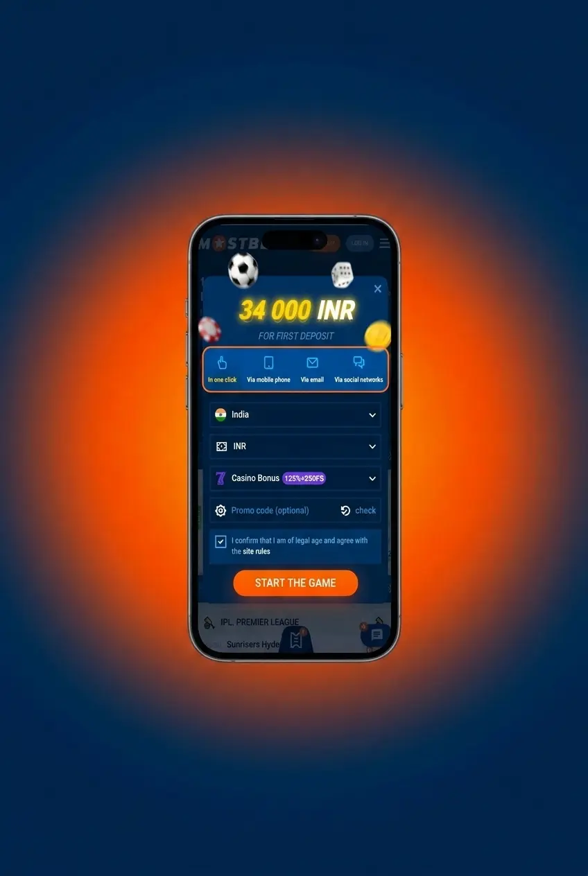 Mostbet registration form showing sign-up steps for sports betting with INR currency and welcome bonus selection