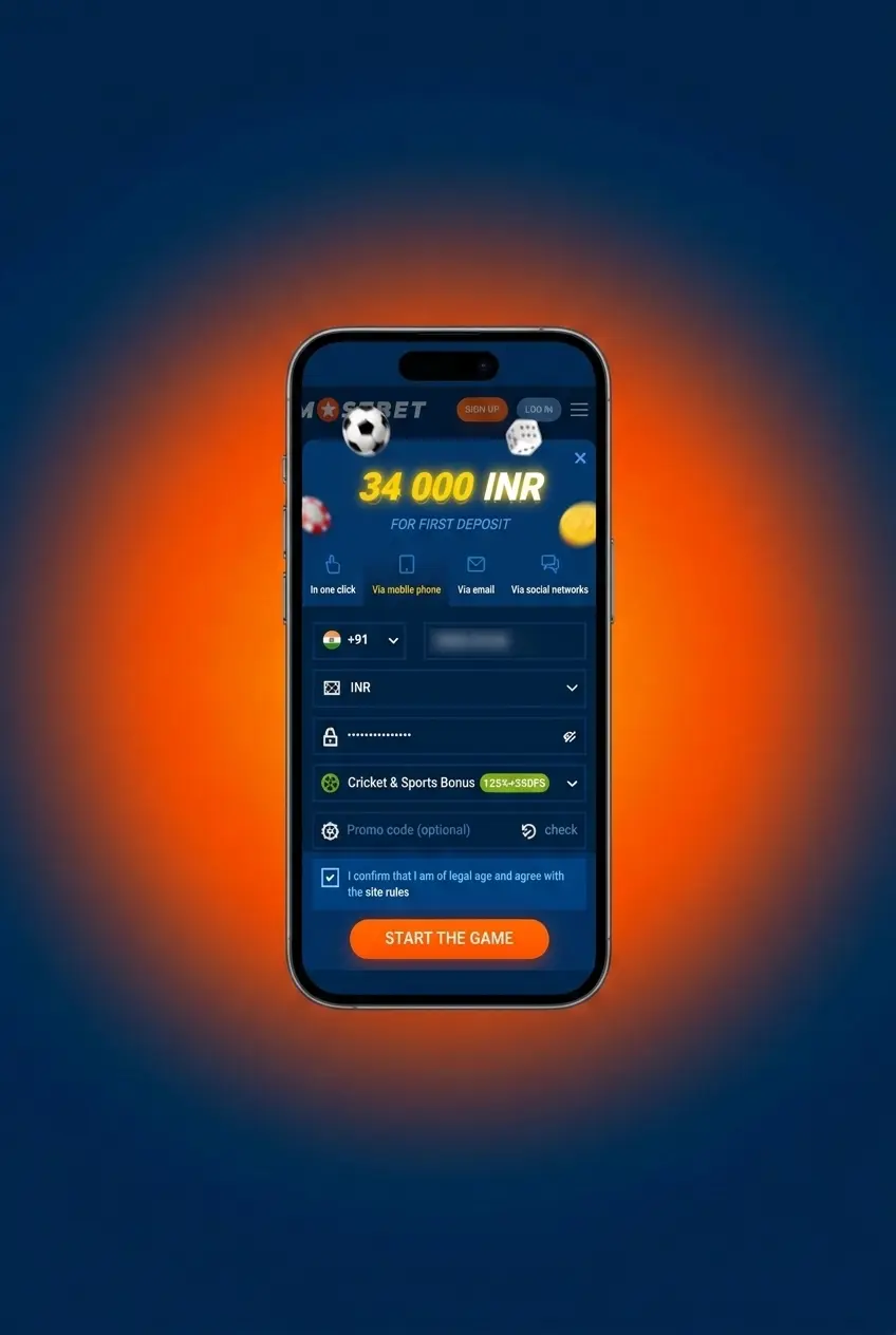 Mostbet registration form on desktop showing sign-up fields for sports betting account creation in India