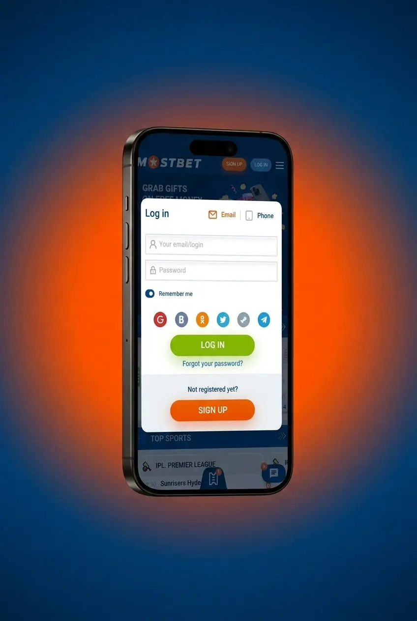 Mostbet account login page showing email, phone, and social sign-in options for quick access