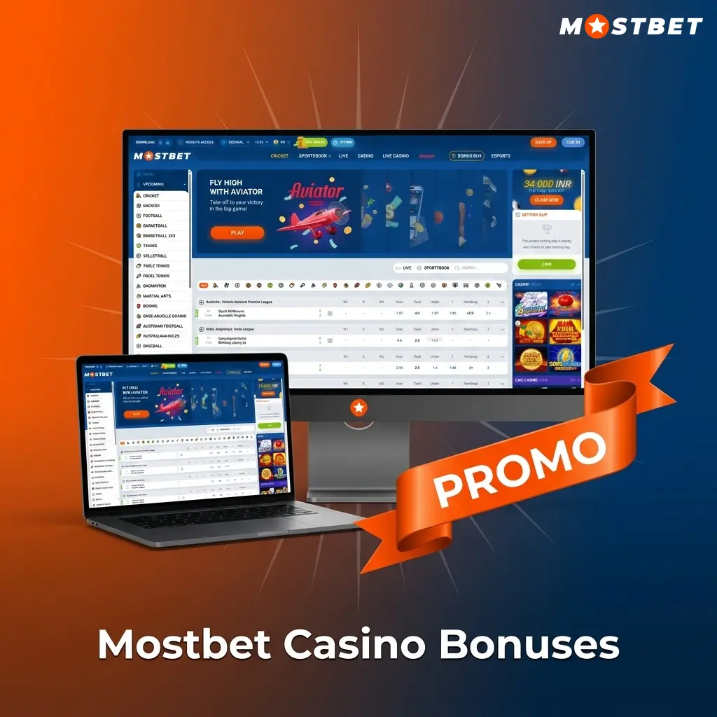 Mostbet Casino bonuses including welcome offer of 125% up to 34000 INR, free spins, cashback, and lottery draws