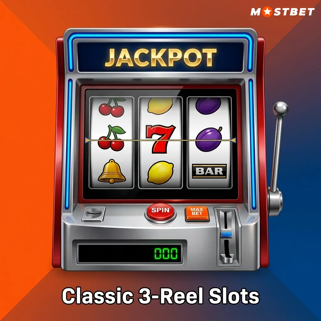 Classic 3-reel slot machines with fruit symbols, bars, and lucky sevens on Mostbet casino platform