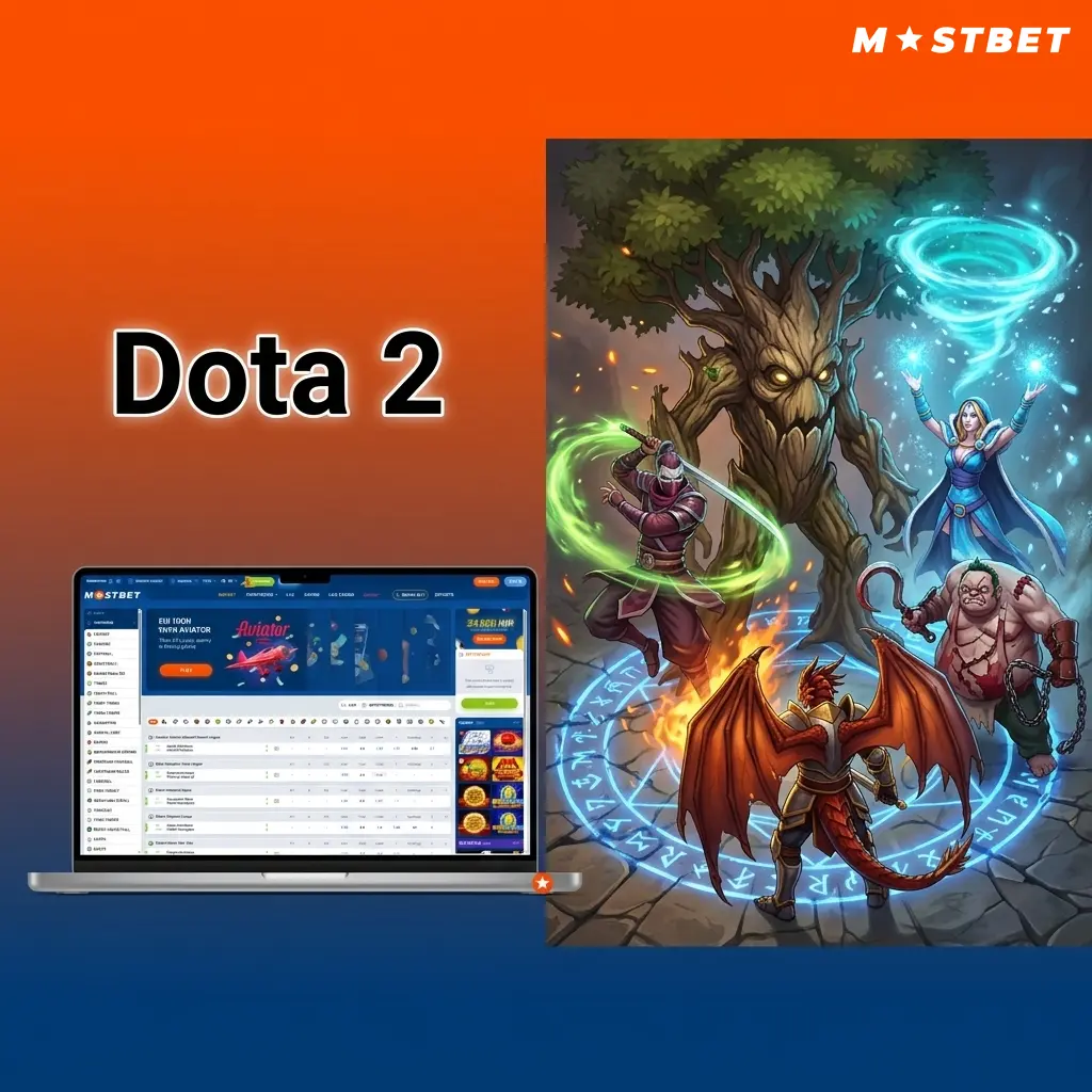 Dota 2 5v5 MOBA match with Mostbet betting markets including live odds for top tournaments like TI and ESL One