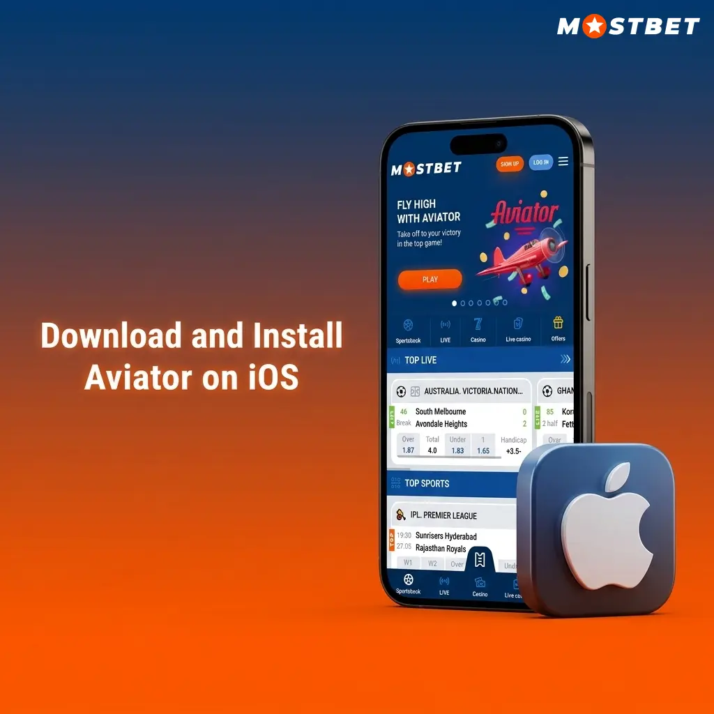 Mostbet iOS app download steps on iPhone showing App Store installation and Aviator game launch process