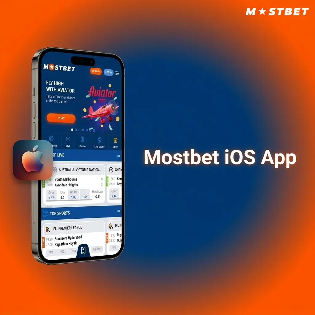 Mostbet iOS app download screen on iPhone showing App Store listing with Face ID and Touch ID login support