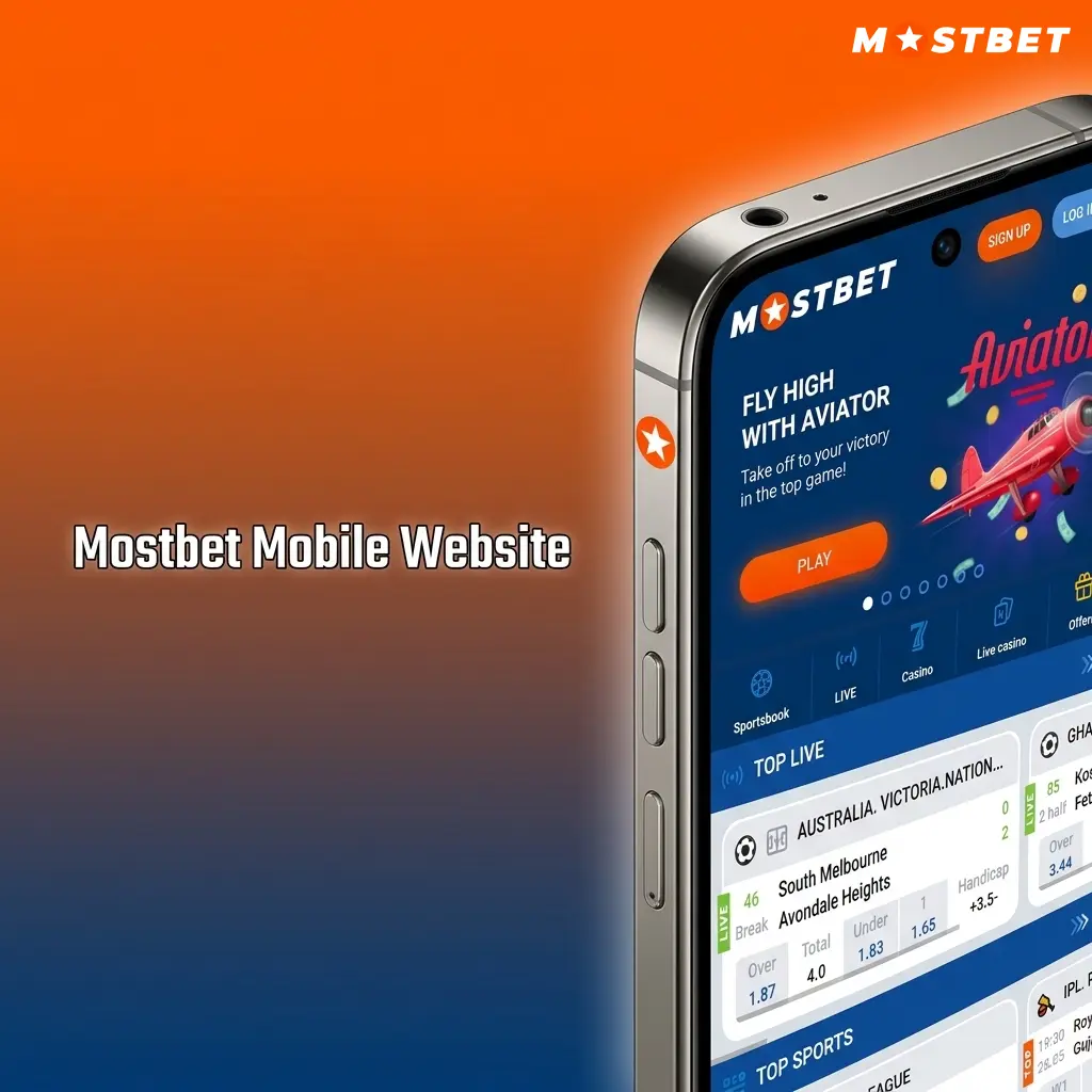 Mostbet mobile website interface on a smartphone browser showing sportsbook and casino features