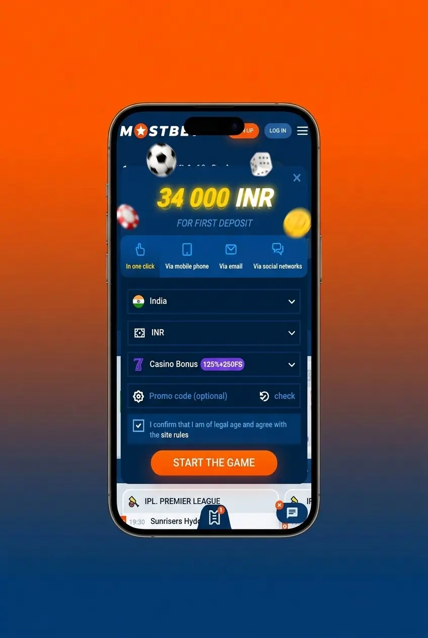 Mostbet app registration screen showing 4-step sign-up process for Indian users on Android and iOS devices