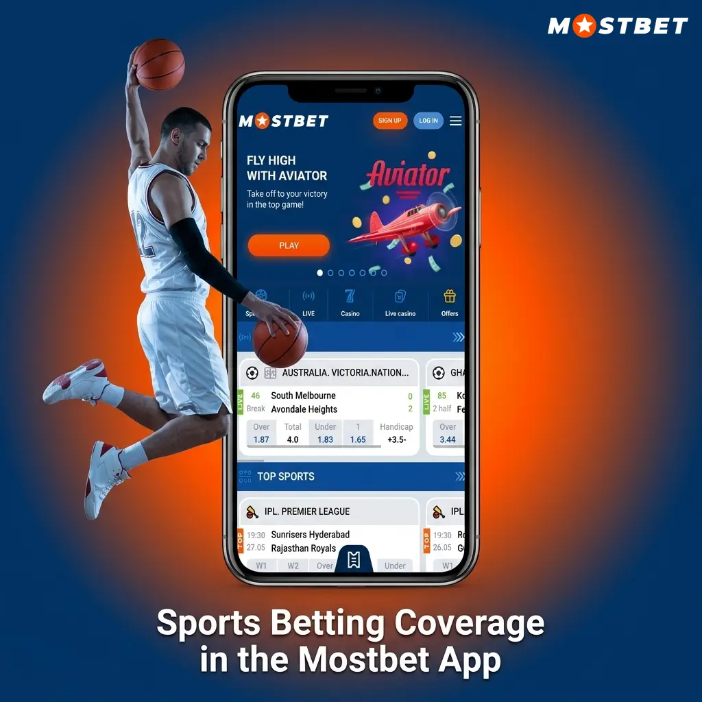 Mostbet app sports betting interface showing live and line betting options across 30+ sports disciplines