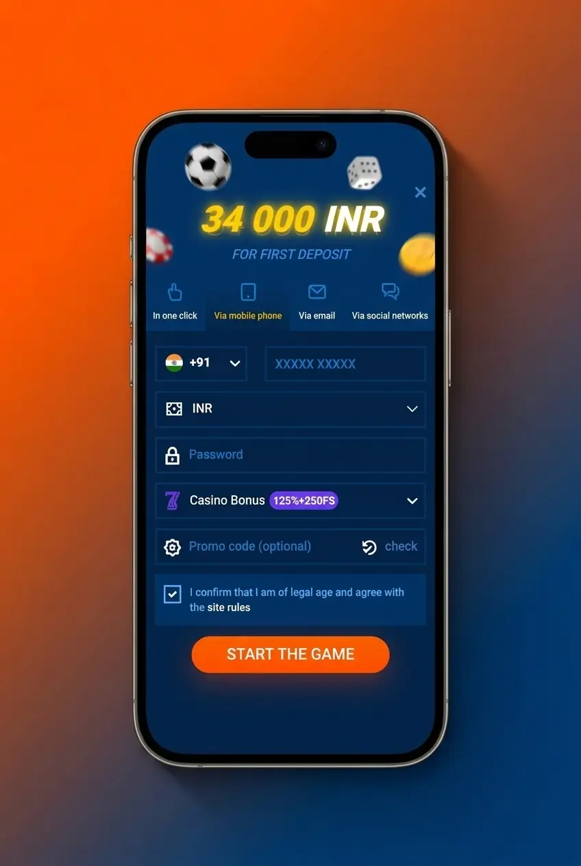 Mostbet Casino registration steps showing account setup, deposit options, and welcome bonus of 125% up to 34,000 INR