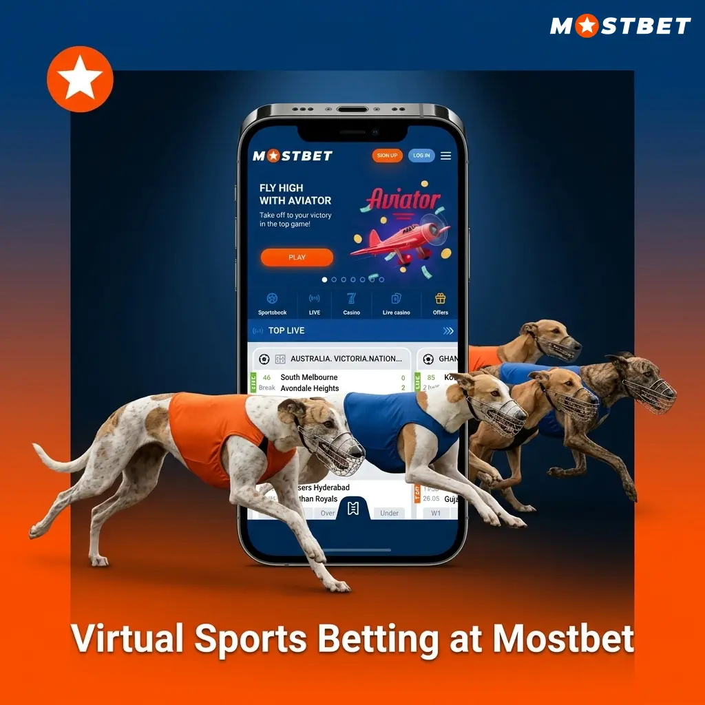 Virtual sports betting on Mostbet showing simulated cricket, football, horse racing and basketball markets for Indian players