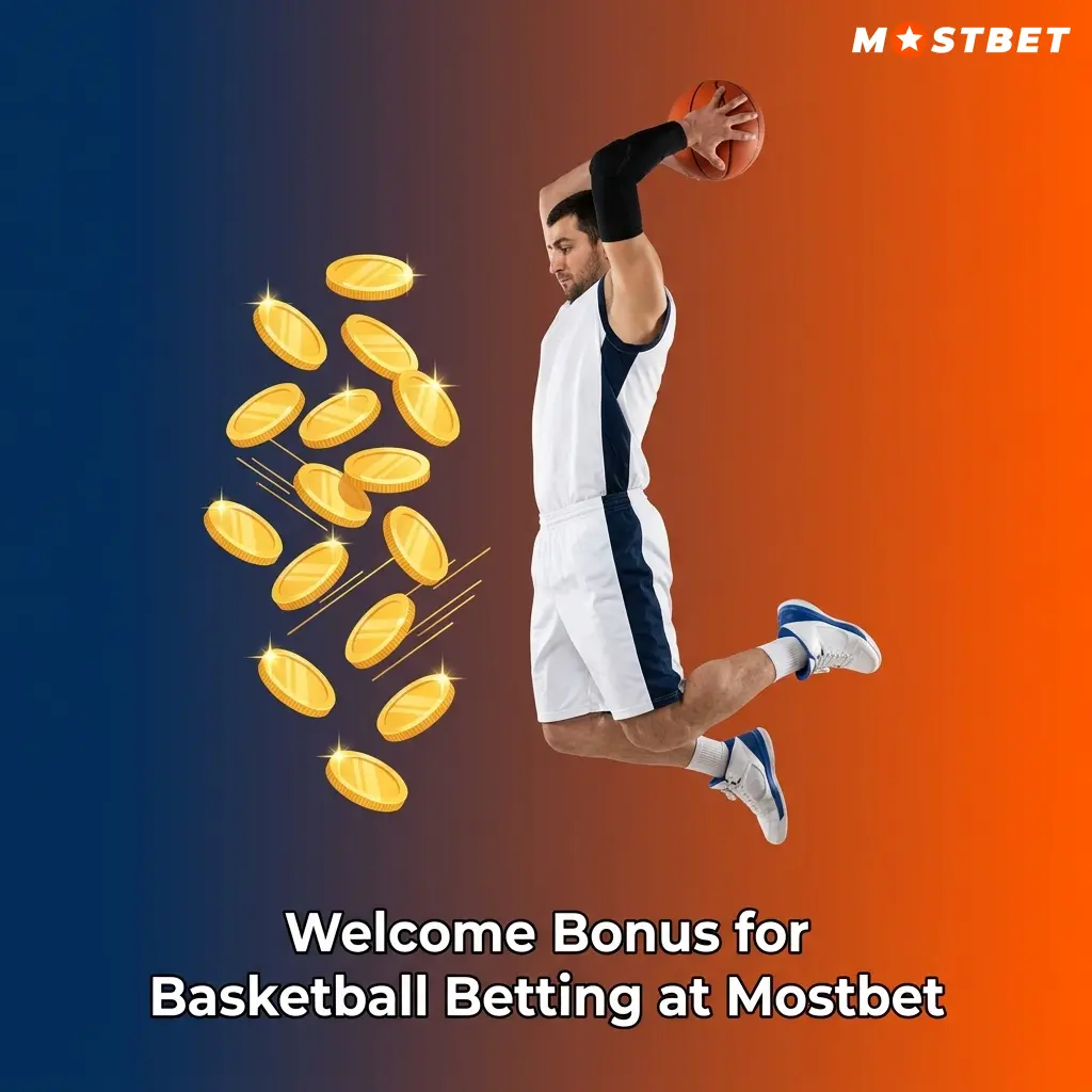 Mostbet welcome bonus for basketball betting showing 125% up to 34,000 INR plus 250 free spins offer